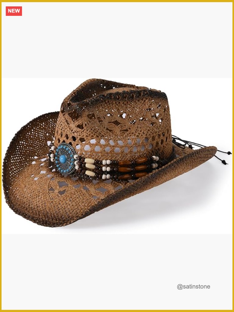 Straw Cowboy Hat With Turquoise Hatband - Upf 50+ Wide Brim